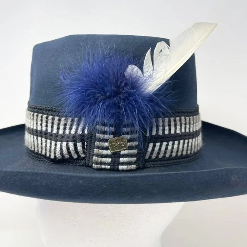 Bailey New West Gambler Cowboy Hat Navy Blue Wool Felt Feathers Curled Brim S